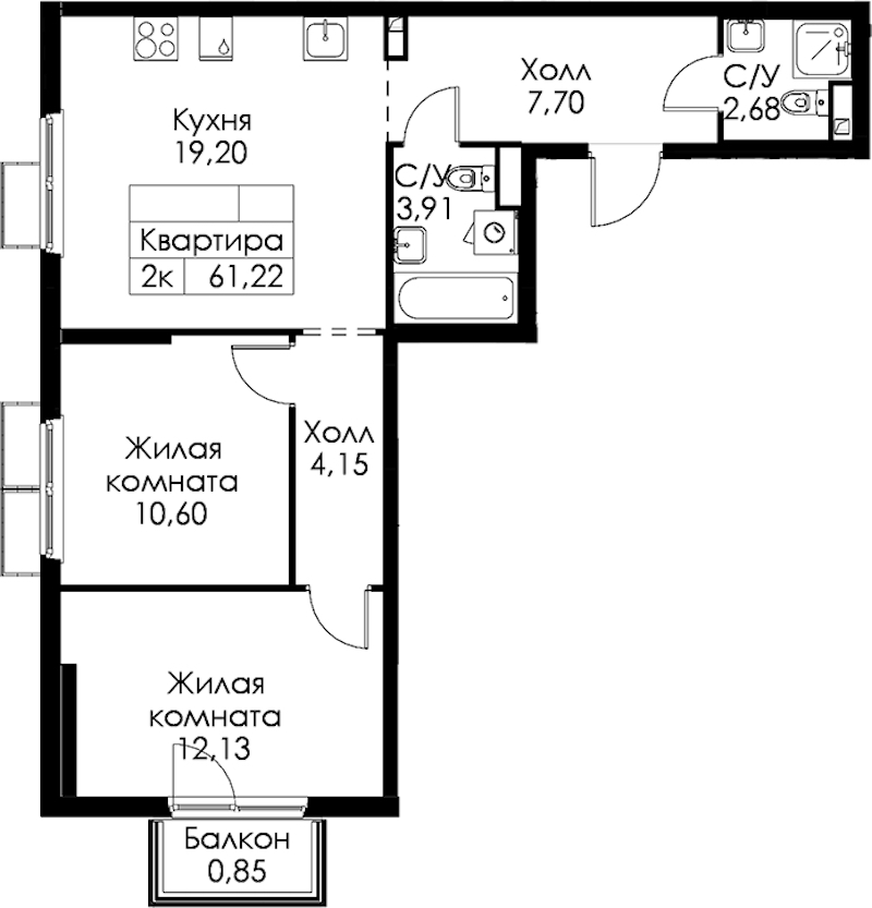 2-комнатная квартира 61.22 м², 15/15 эт., ЖК «Янинский лес»